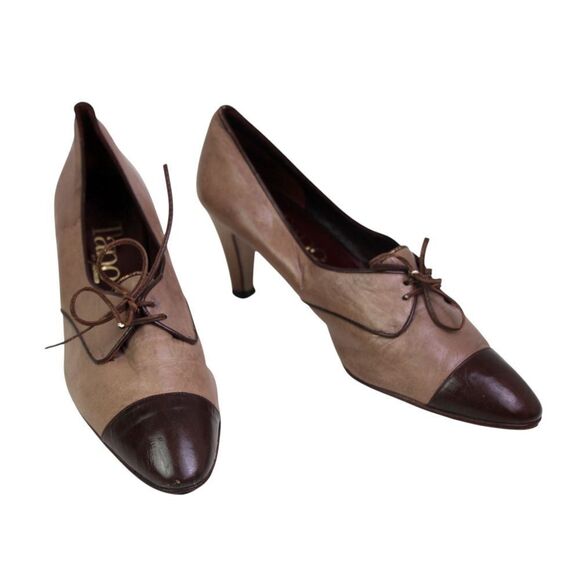 VINTAGE Tano BEIGE BROWN REAL LEATHER LACE MID HEEL ALMOND TOE PUMP SHOES Sz 9B - Picture 1 of 11